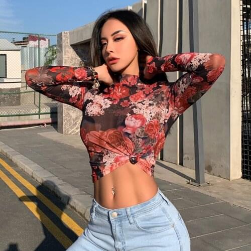 Floral Mesh Top Long Sleeve Print Blouses Crewneck Slim Fit See Through Cut out Pullovers Ladies Casual Streetwear 2021