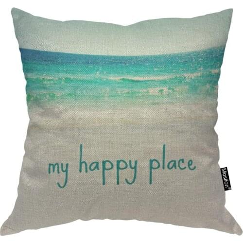 Moslion Throw Pillow Cover My Happy Place 18x18 Inch Beach Sea Wave Summer Vocation Holiday Travel Cool Square Pillow Case