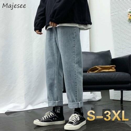 Men Jeans Elastic-waist Wide-leg Drawstring Loose Korean-style Straight Ankle-length Denim Trousers All-match Leisure Fashion