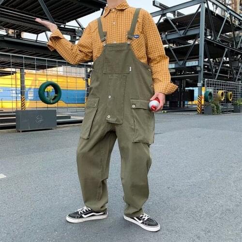 Multi-Pocket Bib Safari Style Men Hip Hop Streetwear Cargo Work Pants Coveralls Mens Casual Loose Overalls Pant Bib Trousers