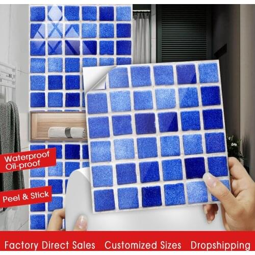 Blue Flat Mosaic Pattern Crystal Hard Tiles Ceramics Wall Sticker Kitchen Wardrobe Art Mural Home Decor Waterproof Wall Decals