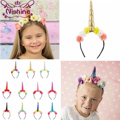 Nishine New Unicorn Horn Hair Band Kids Flower Unicorn Headband Girls Colorful Glitter Hairband Easter Bonus Party Gift