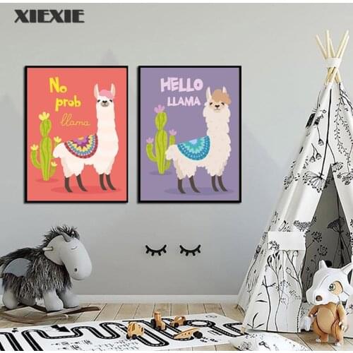 Nursery Animal Alpaca Posters and Prints Cartoon Llama with Cactus Canvas Painting Kids Baby Bedroom Decor Wall Picture for Home