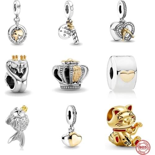 Hot Sale Two-tone Spinning World Swan Fish Dangle Fit Original Pandora Charms Silver 925 Bracelet Making Fashion DIY Jewelry