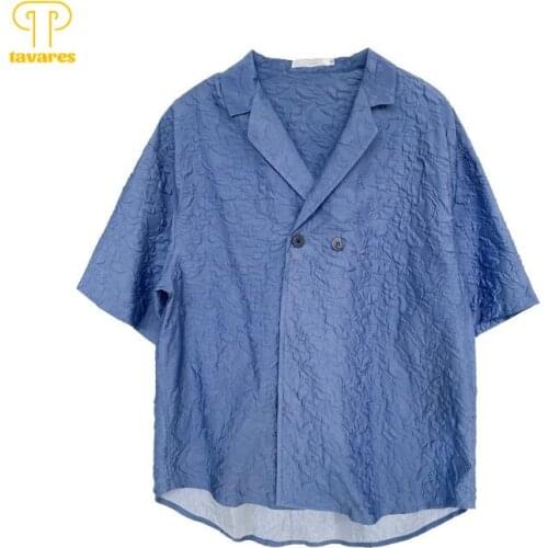 TAVARES Casual Shirts Summer Men Short Sleeve Fashion Shirt Retro Relief Pattern Texture Cold Wind