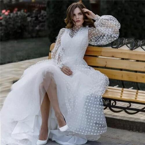 Sexy White Prom Dresses 2020 Withe Long Bubble Sleeves A-Line Round Dot Pattern Dressing Gown boho vestidos LE4068