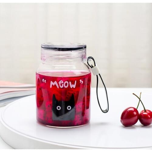 Cute Printed Glass Ins Wind Belt Rope Simple Girl Compact And Convenient High Borosilicate Creative Fresh Water Bottle