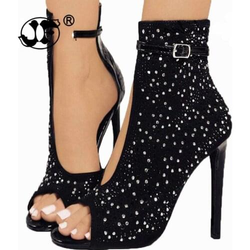 Women Pumps 2019 Fashion Gladiator Thin Heel Peep Toe High Heels Shoes Women Crystal Rhinestone Buckle Strap Pumps Plus Size 555