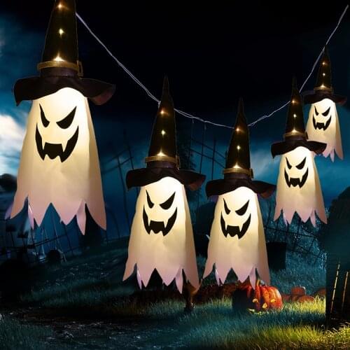 Decoration Halloween LED Flashing Light Gypsophila Ghost Festival Dress Up Glowing Wizard Ghost Hat Lamp Decor Hanging Lantern