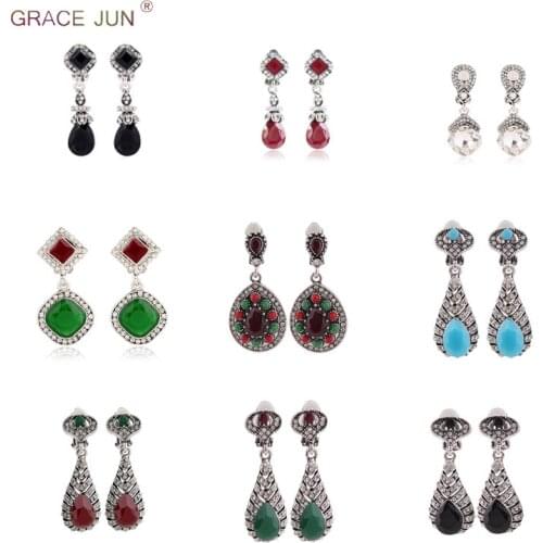 Vintage Silver Plated Rhinestone Crystal Resin Water Drop Geometric Clip on Earrings No Pierced for Women No Ear Hole Earrings