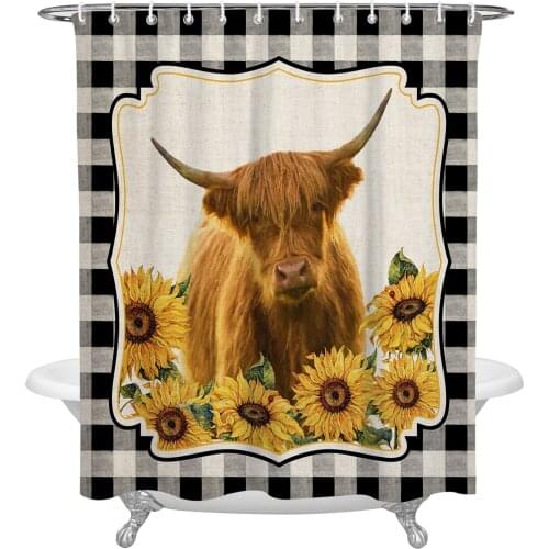 Country Style Highland Cow Sunflower Shower Curtain Waterproof Polyester Fabric Bathroom Curtain Home Bath Curtain with Hook