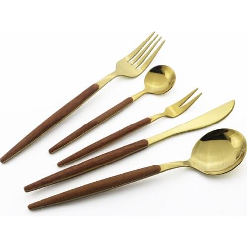 Western Knife Fish Fork Coffee Spoon Silverware 4/5Pcs Wooden Handle Dinnerware Stainless Steel Cutlery Set Party Tableware Set