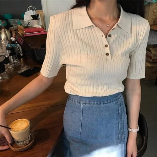Women Casual Polo Plunge Neck Short Sleeve Knitted T-shirts Summer Female Korean 2021 Elegant All-match Crop Top Pop Solid Color
