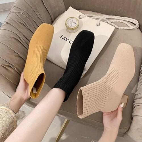 Womens Ankle Boots Fashion Solid Color Stretch Knit Round Toe Sock Boots