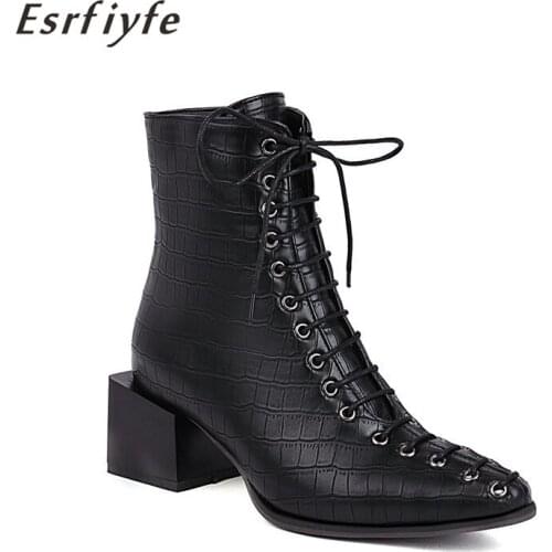ESRFIYFE 2021 New Fashion Autumn Winter Ankle Boots Square Toe Thick Heels Splicing Lace Up Shoes Woman Large Size 34-48