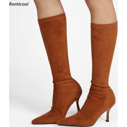 Ronticool New Arrival Women Spring Mid Calf Boots Sock Boots Flexible 8.5 Cm Thin Heel Pointed Toe Pretty Party Shoes Size 35 45