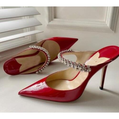 Moraima Snc Red Patent Leather Crystal Wedding Heels Sexy Pointed Toe Women Thin Heels Dress Shoe Party Heels Black Nude Pink