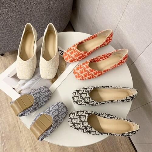 Single Shoe Womens Leisure 2021 Spring New Square Head Pattern Low Top Shallow Mouth Lefu Shoes Flat Shoes Womens Shoes