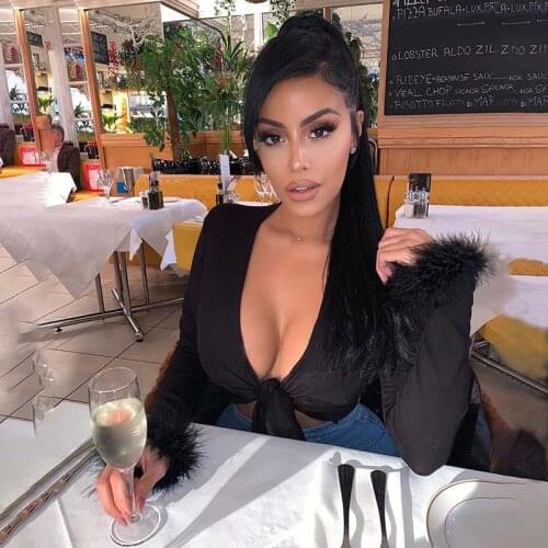 Female Tops Long Sleeve Deep V Neck Midriff-Baring Lace Up Sexy Fashion Blouse Solid Patchwork Streetwear Slim Blusas Shirts