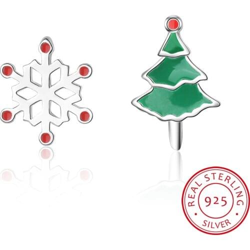100% 925 Sterling Silver Women Fashion Cute Tiny Asymmetric Snow Tree Stud Earrings Daughter Girls Xmas Gift DS326
