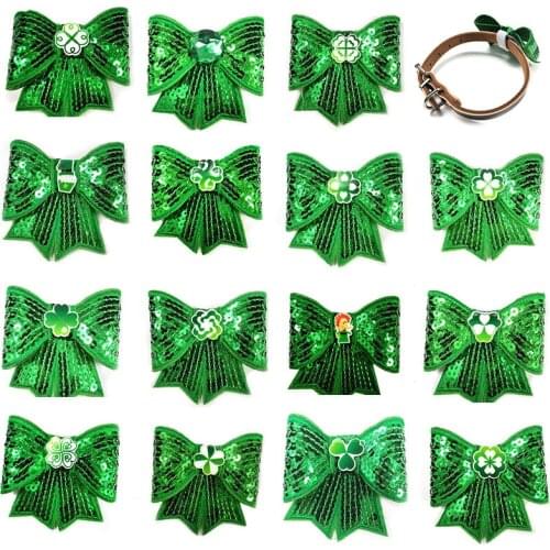 50/100pcs St. Patricks Day Dog Collar Bows Green Sequins Bows Bow Tie Dog Charms Puppy Dog Collar Cat Grooming Accessories