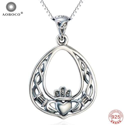 AOBOCO Brand Design Fine 925 Sterling Silver Necklace Vintage Hand Hold Heart Crown Pendants Choker Women Necklaces GNX11425