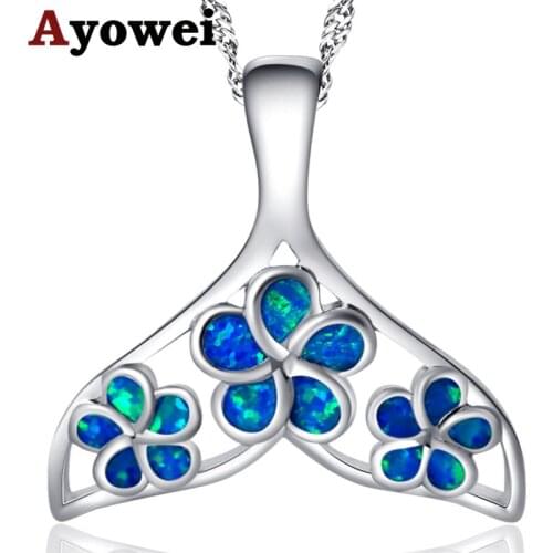 Ayowei Exquisite gift Fish tail blue Fire Opal for women silver plated Stamped flower Necklace Pendants OP756A