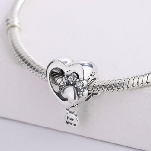 European Style 925 Sterling Silver Sparkling Paw Print & Heart Charm Beads Charm Bracelet DIY Jewelry Making For Pandora