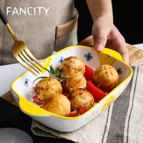 FANCITY Baked rice baking tray, ceramic rectangular plate, hand-painted flowers household microwave oven special baking bowl