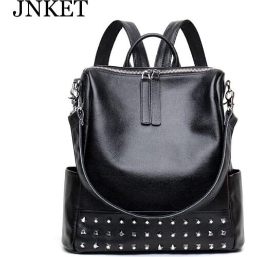 JNKET New Fashion Women Backpack Cowhide Bag Rivet Backpacks Large Capacity Travel Backpack