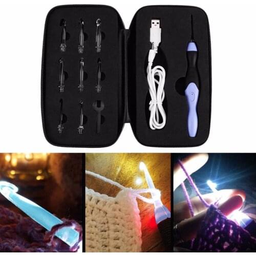 JX-LCLYL New 9 IN 1 USB LED Light Up Purple Crochet Hooks Knitting Needles Set Weave Tool