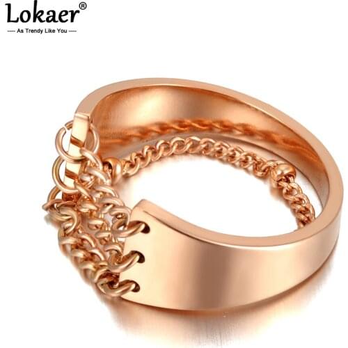 Lokaer Hiphop/Rock Stainless Steel Bohemia Party Ring Rose Gold Creative Geometric Chain Rings Jewelry For Women Girls R20044