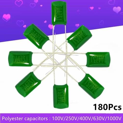 180Pcs High Capacity Polyester Film Capacitor 67 Kinds Capacitance 1nF 2.2nF 150nF 220pF Full Series 100V 250V 400V 630V 1000V