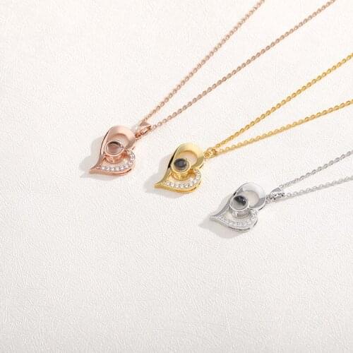 Fashion rose Gold 100 Languages Heart Neckalce I Love You Projection Love Shape Pendant Rhinestone Stianless Steel Necklace