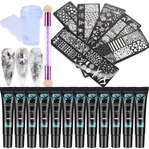 Nail Stamping Gel Polish Varnish Nail Art Stamping Plates Jelly Stamper Scraper Set Flower Printing Gel Manicure Kit TRFB01-06-1