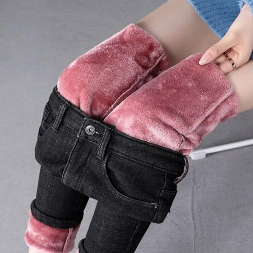 2020 Winter Jeans Women Thicken Warm Skinny Jeans Pink Fleeces Denm Pencil Pants Slim Black Solid Hot Trousers Blue Jean P9475