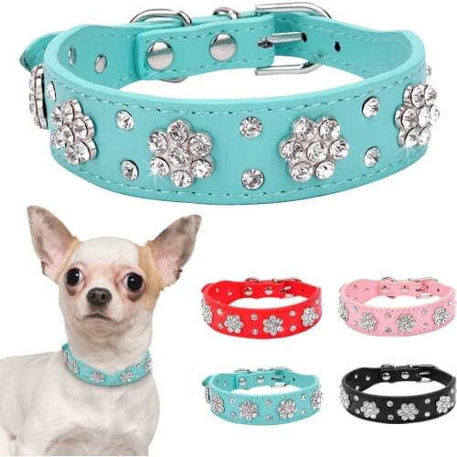 Didog Rhinestone Dog Collar Diamante Leather Pet Puppy Necklace Bling Crystal Studded Cat Collars Pink Red For Small Medium Dogs