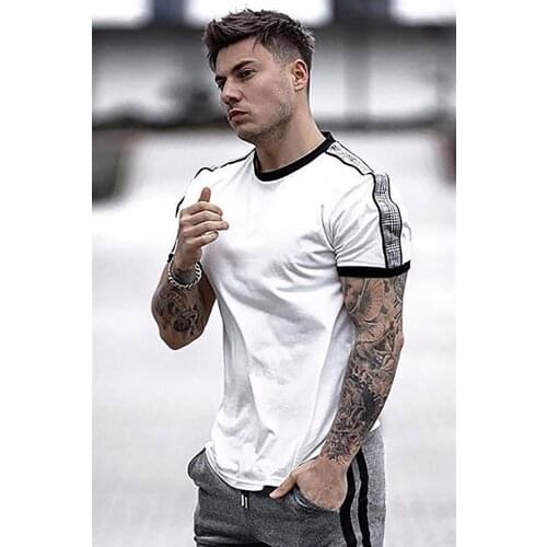 Shoulder Plaid White Detailed T-Shirt Men 'S Clothing