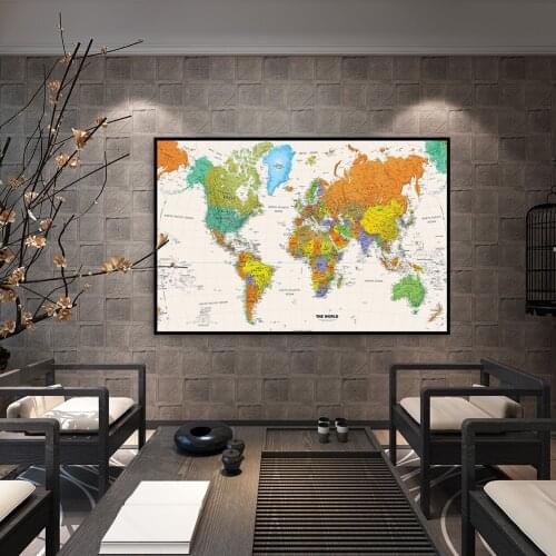 60*40 cm The World Political Map Detailed Wall Chart Spray Canvas Painting Retro Poster School Supplies Living Room Home Decor