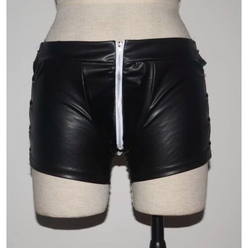 Sexy Men Zipper Open U Convex Pouch PU Faux Leather Bandage Short Boxer Clubwear Jockstrap Fetish Gay Wear Plus Size FX22