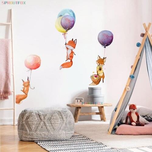 Clever Animal Fox Squirrel with Colorfu Ballon Bedroom Wall Stickers for Wall Decoration Kid Rooms Door Stickers Waterproof