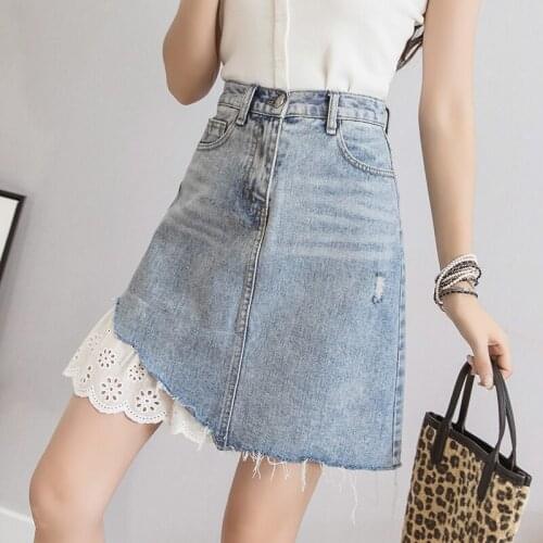 Women Denim Skirt Summer Light Blue Fashion High Waist Hole Ripped Jeans A-line Skirt Female Patchwork Lace Mini Skirt