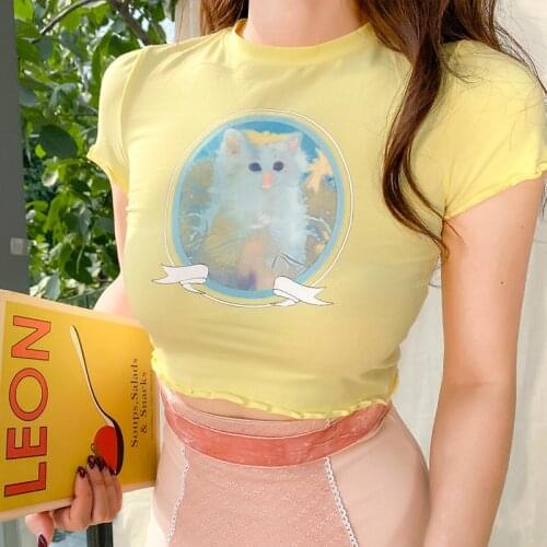 2020 New Super Sweet Cute Cat Pattern Bright Yellow Short T-shirt O-Neck Cotton Casual Tight Sexy Tops Women Tees High Elastic