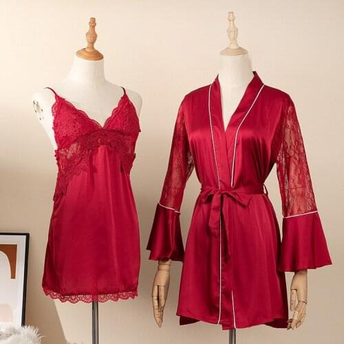 Nightgown 2PCS Women Robe Set Lace Patchwork Sleepwear Satin Nightdress Sexy Intimate Lingerie Perspective Kimono Bathrobe Gown