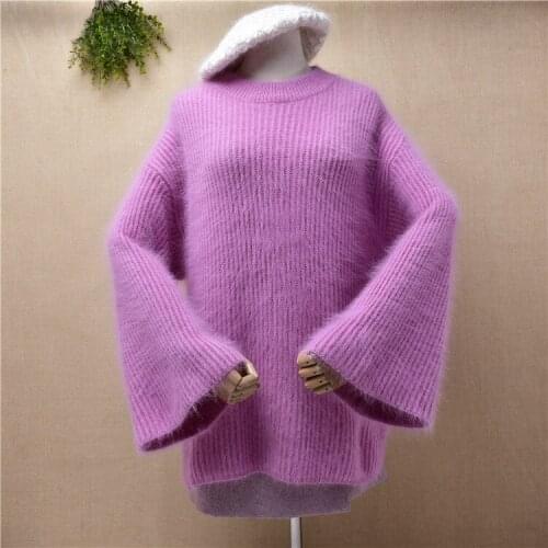 Female women hairy mink cashmere o-neck long sleeves bottoming pullover angora rabbit fur winter jumper sweater blouses dress