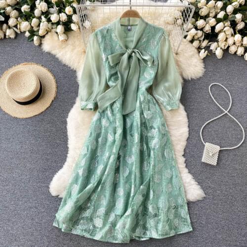 Luxury Europe Style New Spring Summer Women 3/4 Sleeves Bow Mesh Patchwork Lace Midi Dress Ladies Party A Line Dresses Vestido