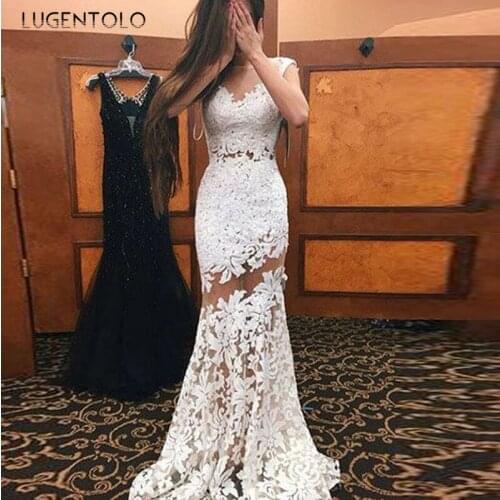 Party Dress Women Sleeveless Slim White Lace Dresses Hollow Sexy White Sleeveless Dinner Ladies Long Dress Lugentolo