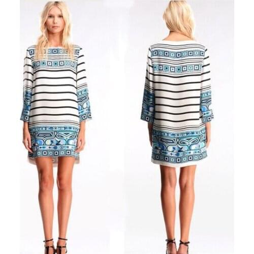 Womens new stripe fashionable printing loose silk sersey knitted elastic fabric dress free shipping