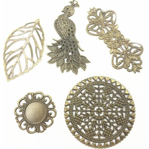 10Pcs Connectors Bag Ornament Decoration Mixed Bronze Tone Alloy Filigree Wraps Leaf Peacock Round Jewelry DIY Findings