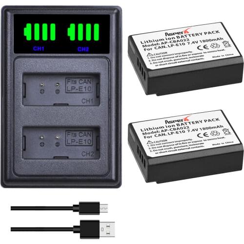 2Pcs LP-E10 1800mAh LPE10 Batteries+LED Dual Charger with Type C Port for Canon 1100D 1200D 1300D 2000D Kiss X50 X70 Rebel T3 T5